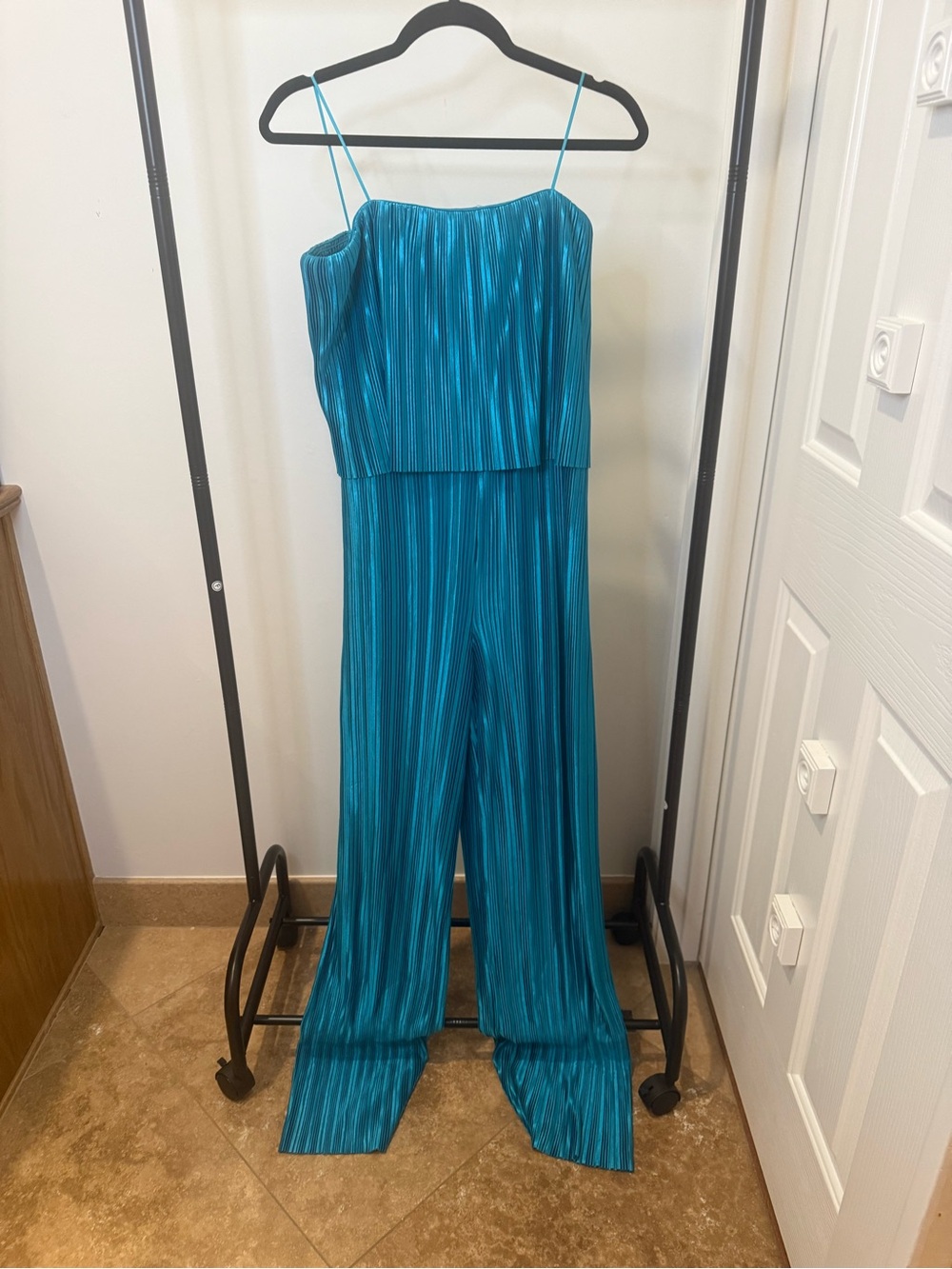 NWT - Amanda Uprichard Teal Plissé Wide-Leg Jumpsuit